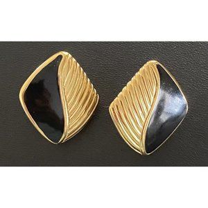 Monet Vintage Gold Tone Black Enamel Gold Tone Stud Earrings Diamond Shape